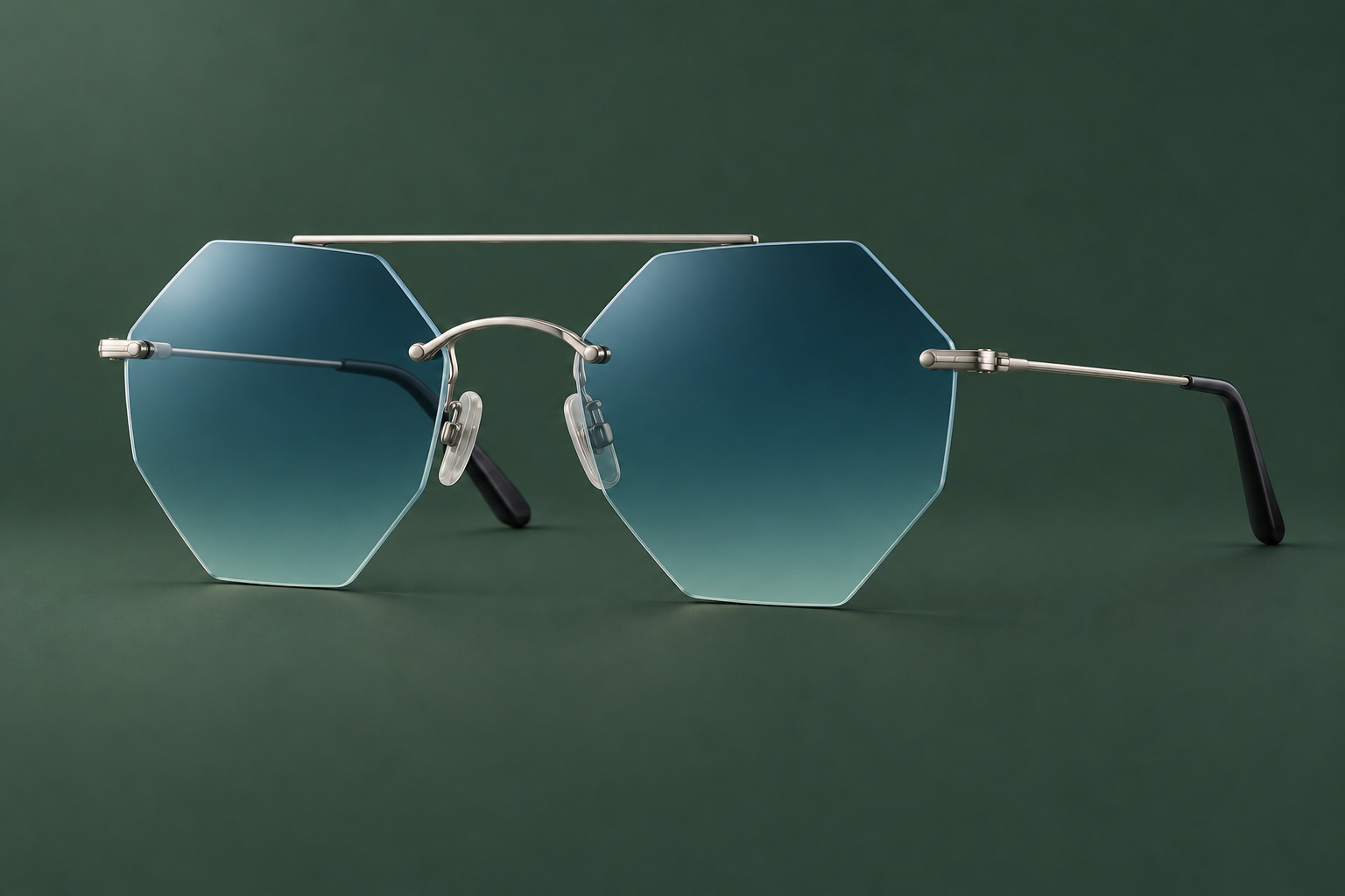 Óculos de sol com lentes azuis geométricas, ponte metálica e hastes com detalhes prateados sobre fundo verde-musgo suave