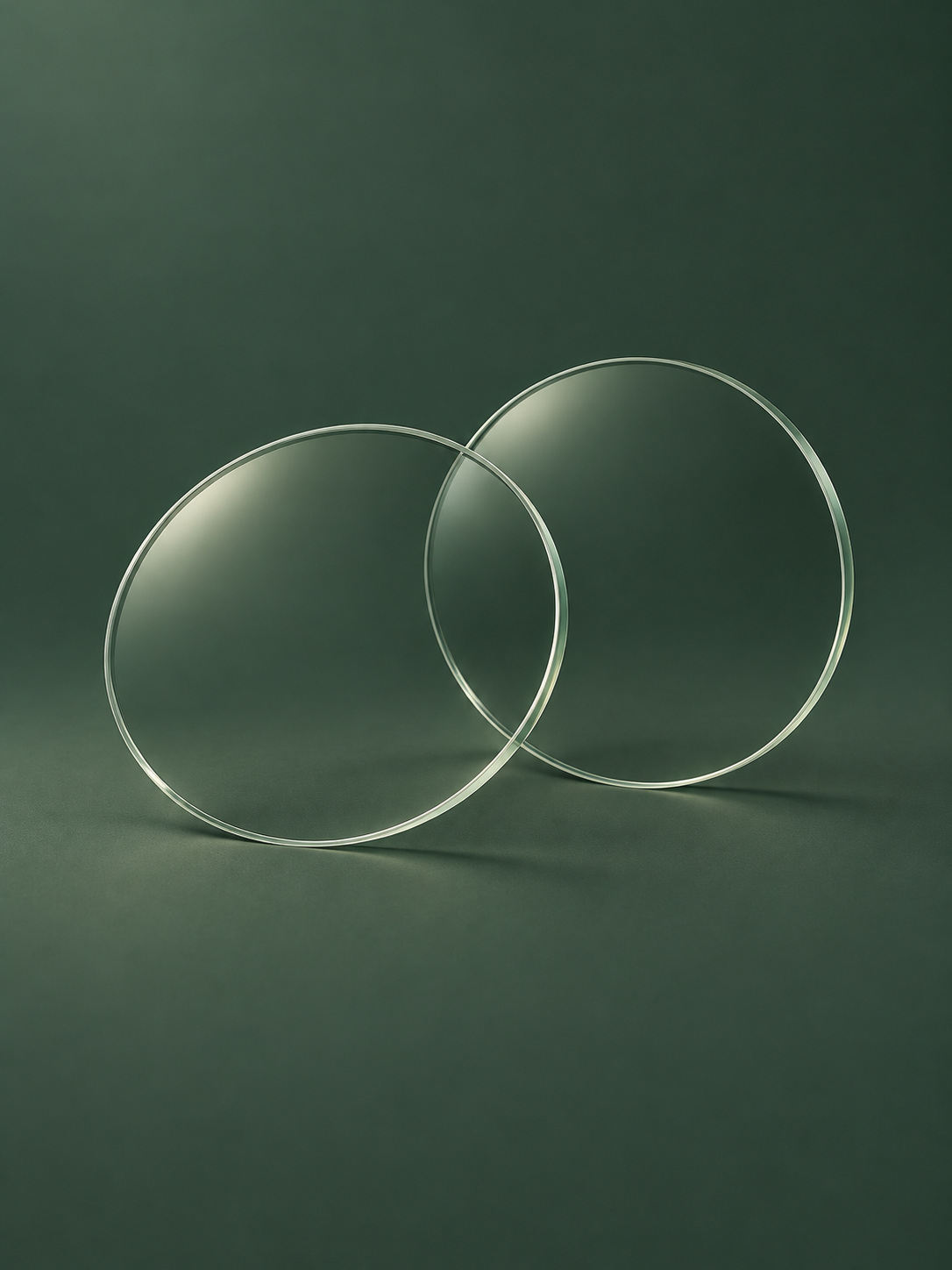 Duas lentes transparentes sobre uma superfície verde